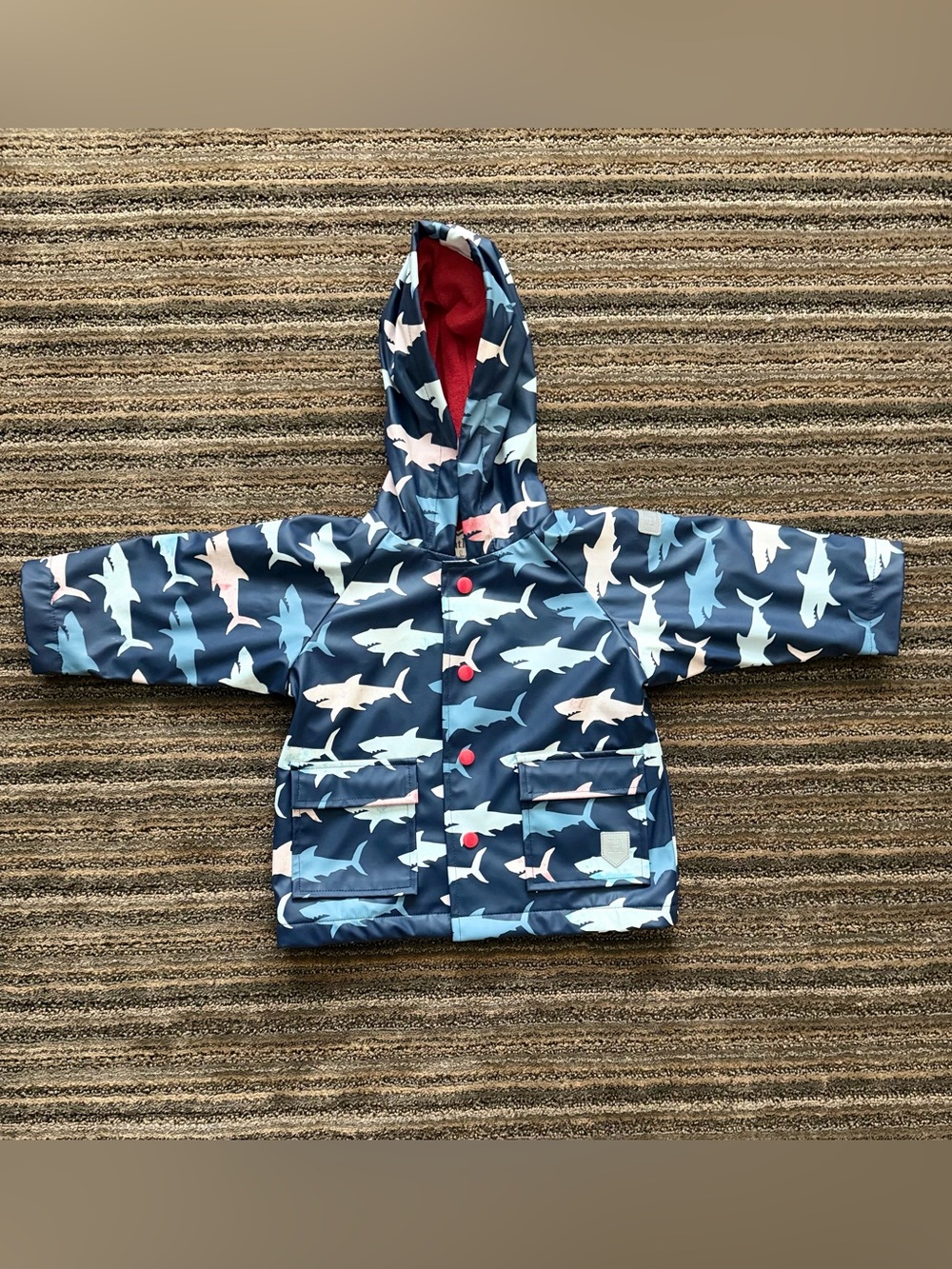 Hatley Navy Shark Fleece Hooded Raincoat with Red Lining